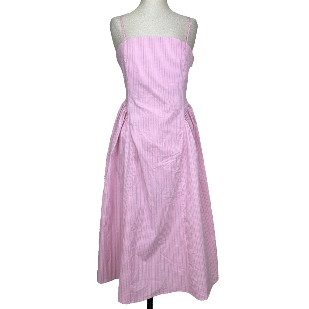 Anthropologie Maeve Dress Womens L Pink Stripe Smocked Poplin Midi Sundress NEW